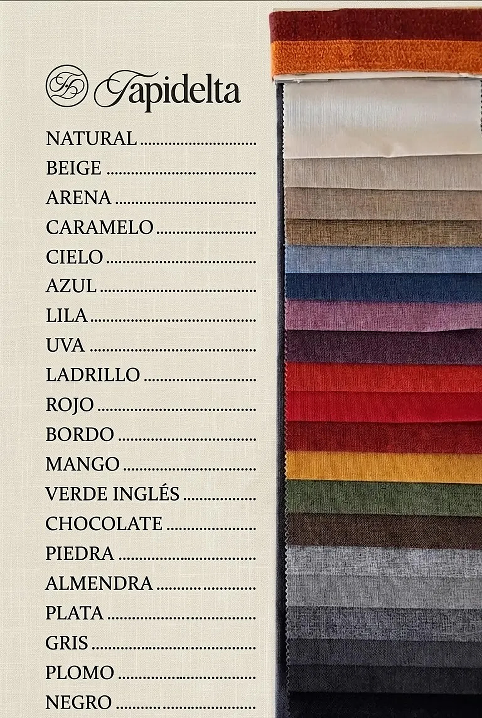 Carta oficial de colores en chenille de Tapidelta, con el nombre de cada color
