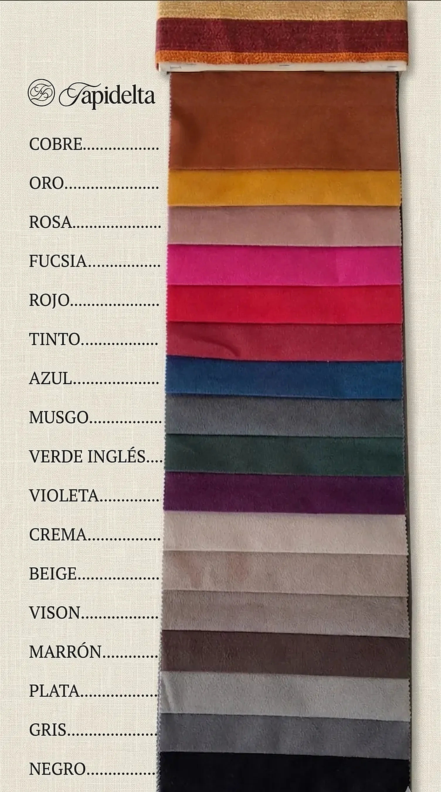 Carta oficial de colores en pana de Tapidelta, con el nombre de cada color